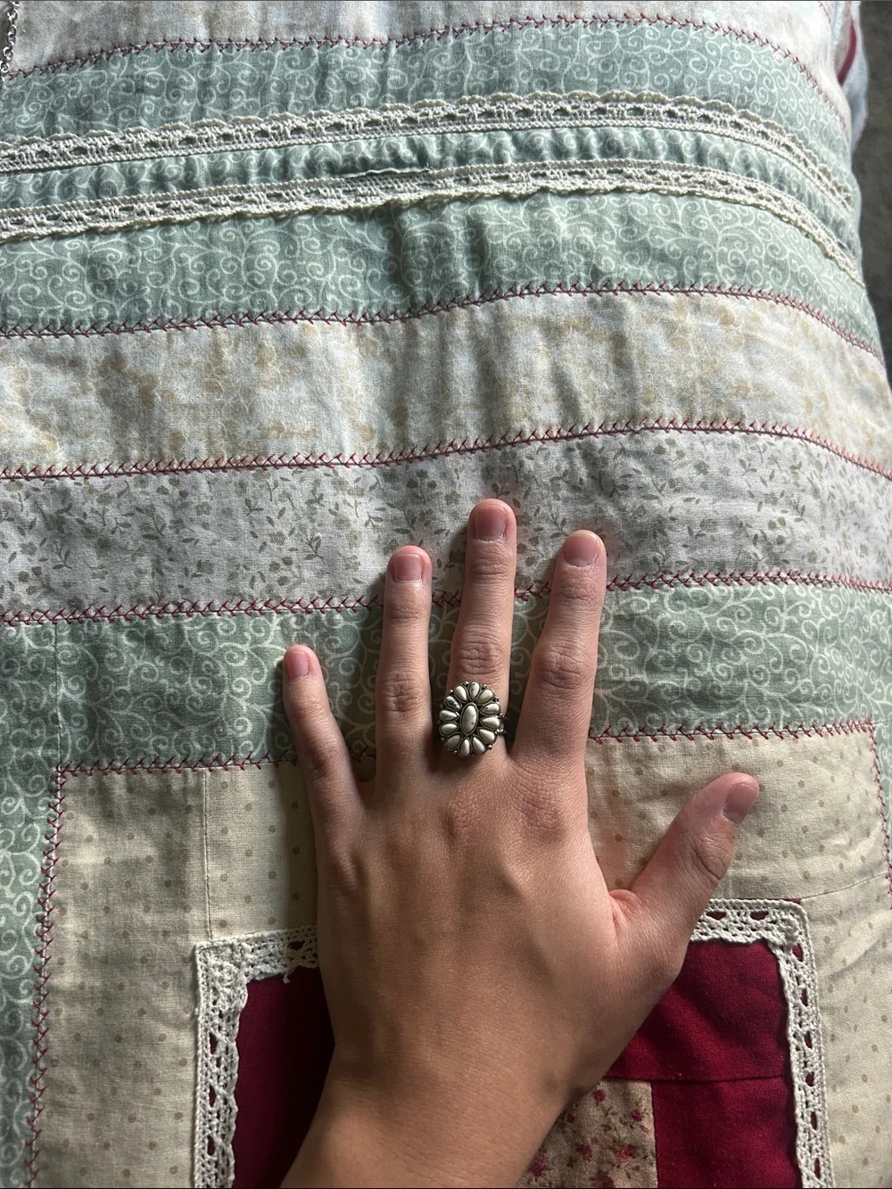 Floral Cluster Faux White Buffalo Adjustable Silver Tone Ring